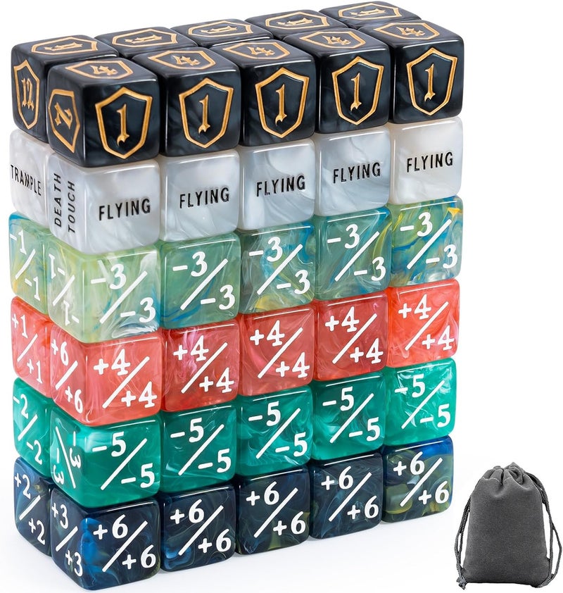 Tinzum 60 Pieces MTG Dice Set with Keyword Token Dice & Plus 1 Life Counter & Shield in 6 Colors for MTG, Cards Gaming Accessories - Image 1